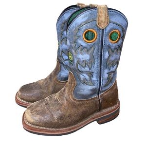 John Deere Western Cowboy Boots Boys or Girls Size 11 Distressed Turquoise Blue